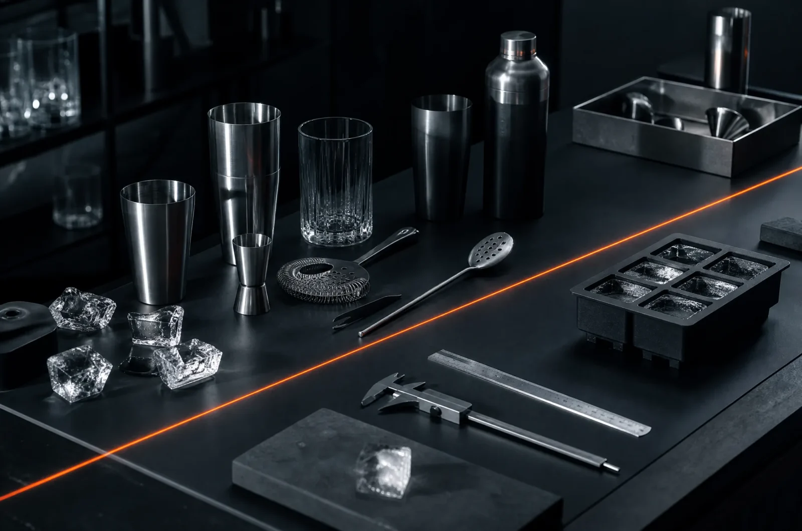 A workbench with barware samples laid out for inspection