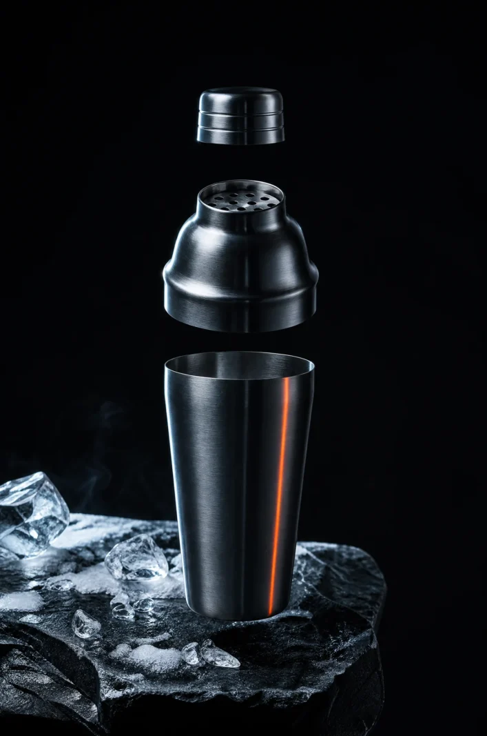 Exploded view of a three-piece stainless steel cobbler shaker