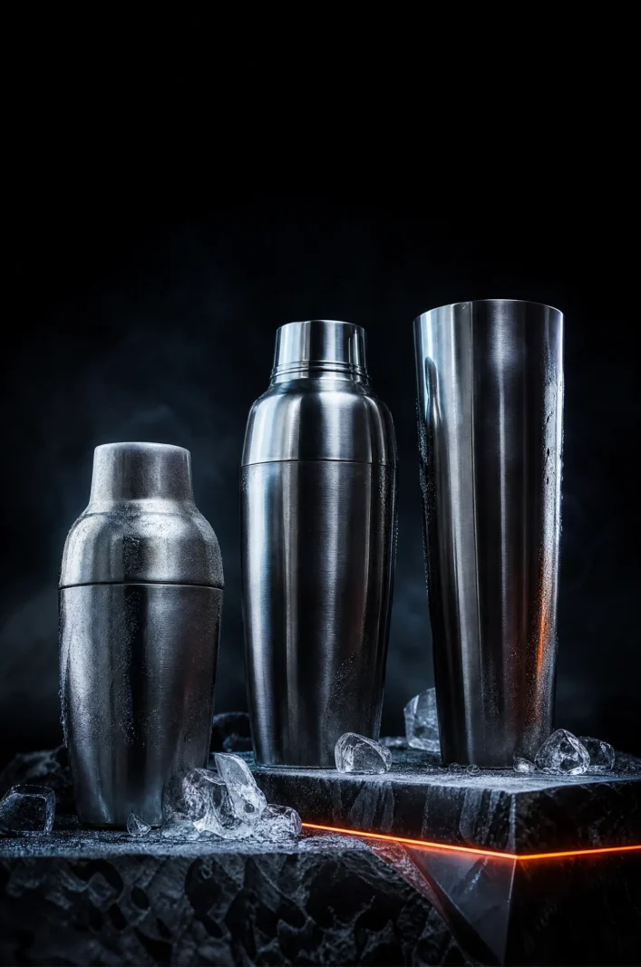 Three stainless steel cocktail shakers of different heights on a graphite slab