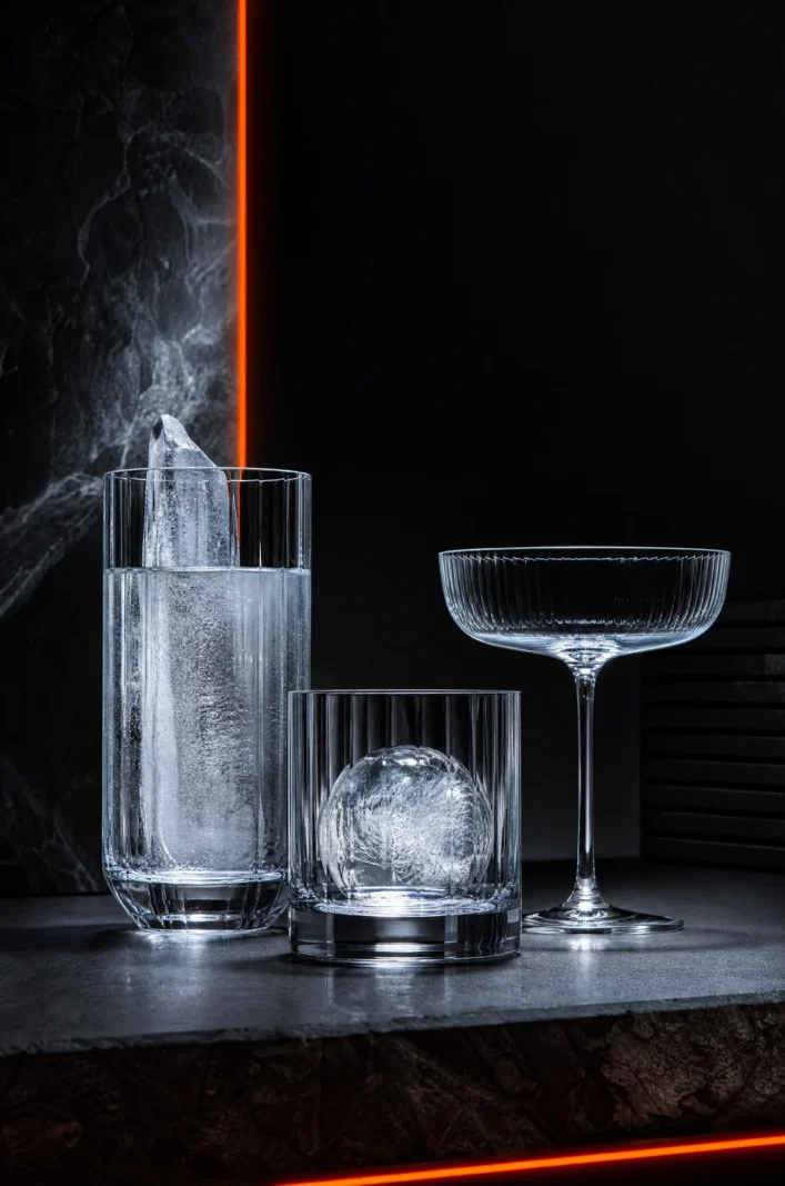 Backlit glassware including a highball, rocks glass and coupe