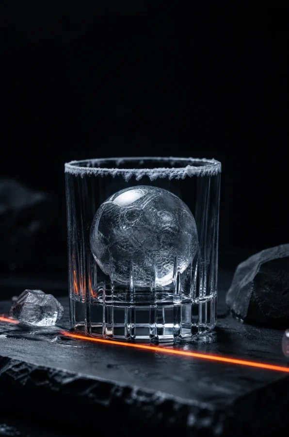 A clear ice sphere in a heavy rocks glass