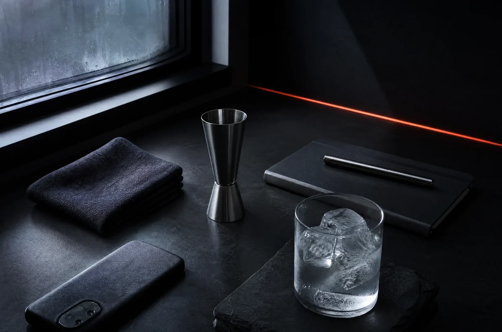A calm desk corner with a cloth, jigger and notebook