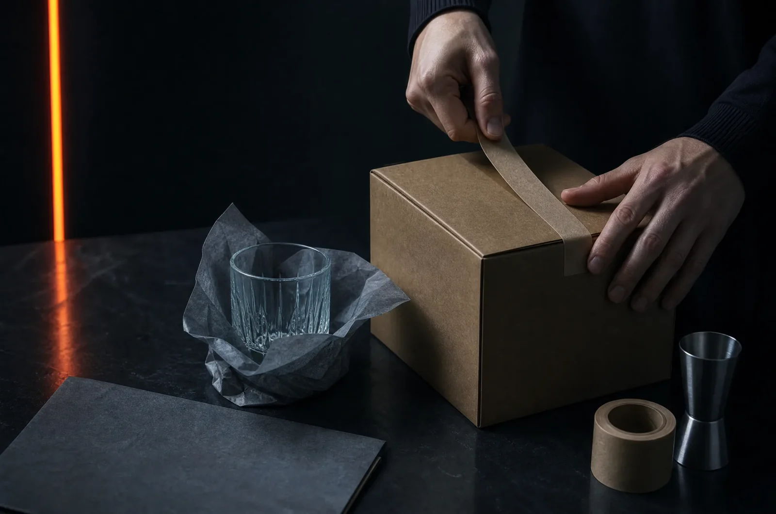 A plain kraft box being closed with paper tape
