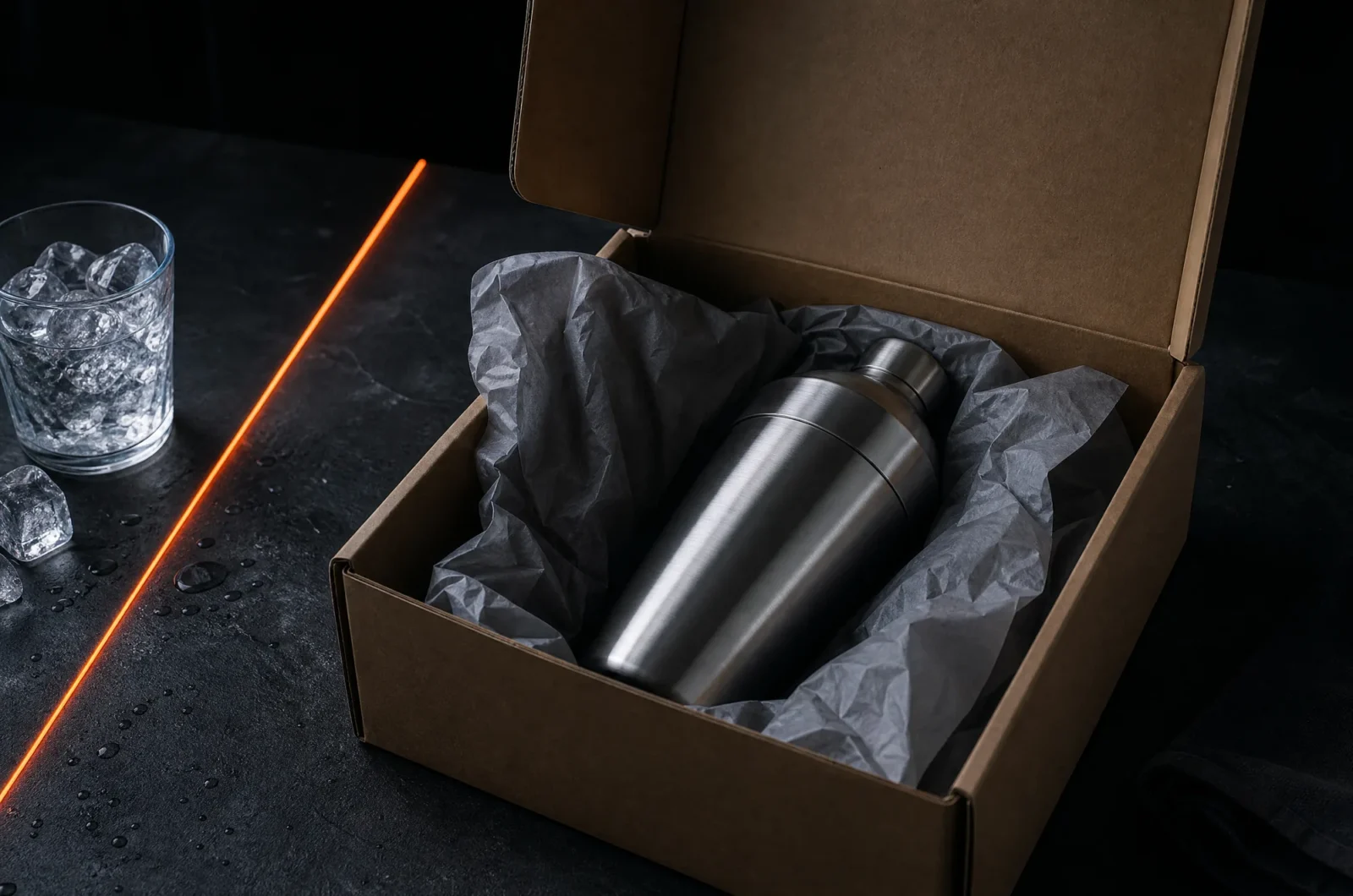 A plain kraft shipping box with a steel shaker nested in tissue