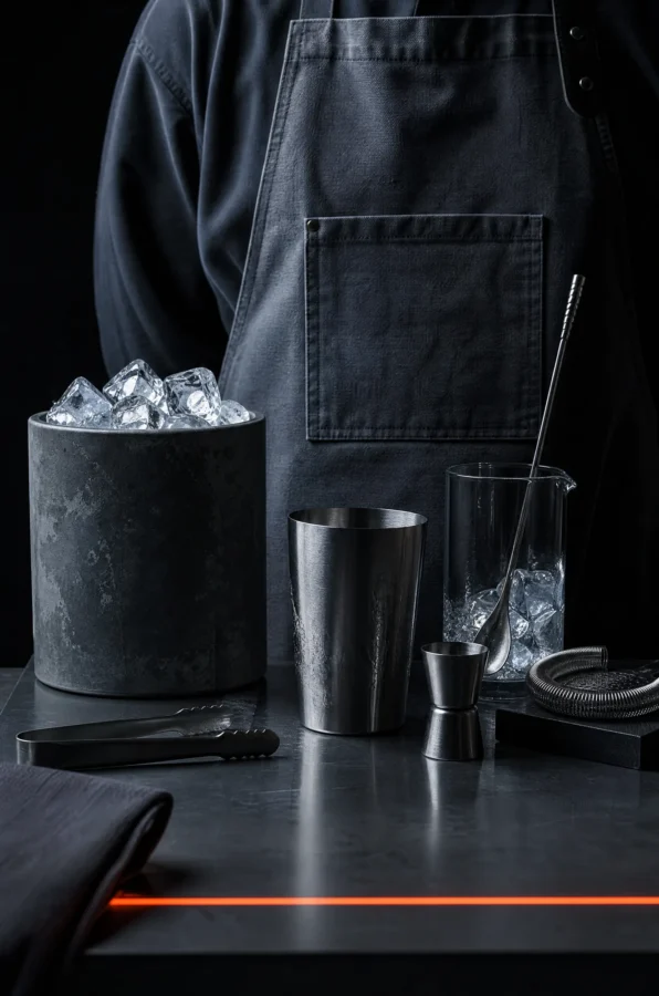 Person in a charcoal cotton bib apron behind a dark bar counter