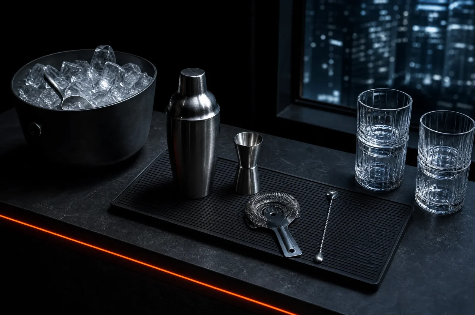 A home bar station at night with tools, glassware and ice