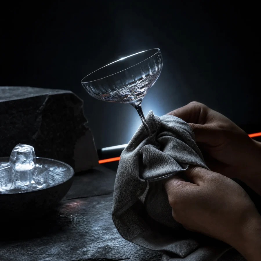 Hands polishing a coupe glass with a linen-blend cloth