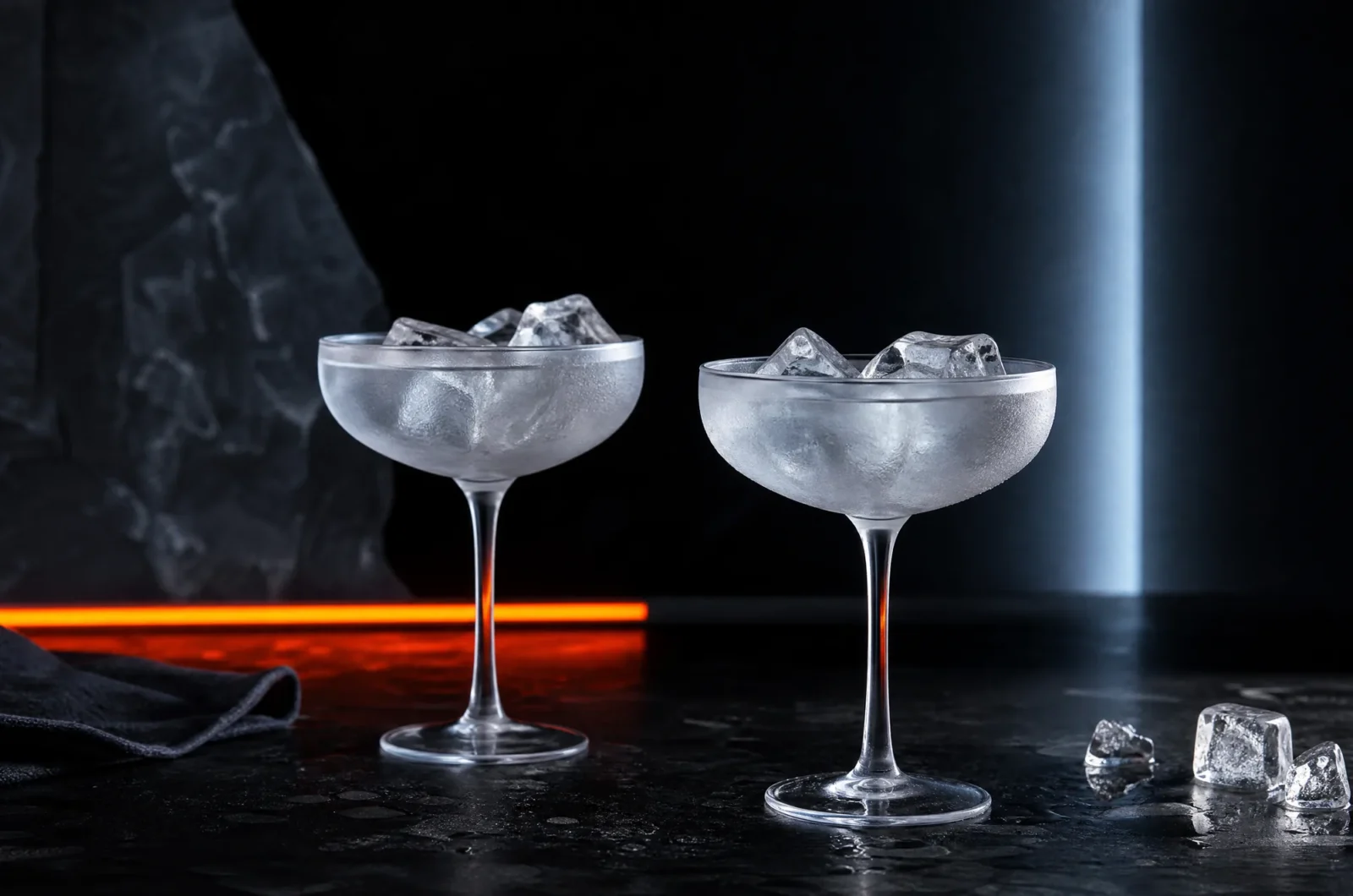 Two coupe glasses filled with ice and water to chill