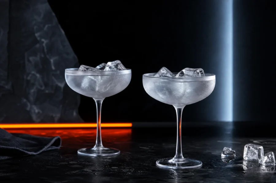 Two coupe glasses filled with ice and water to chill