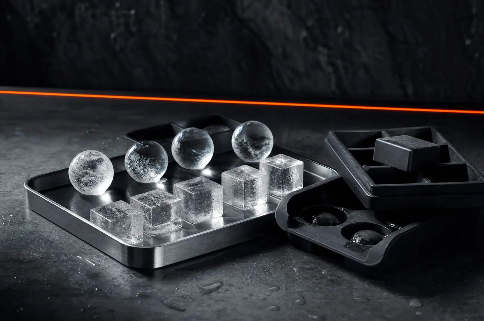 Clear ice spheres and cubes beside silicone moulds