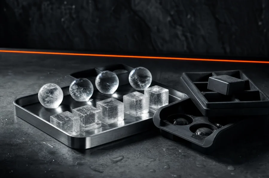 Clear ice spheres and cubes beside silicone moulds