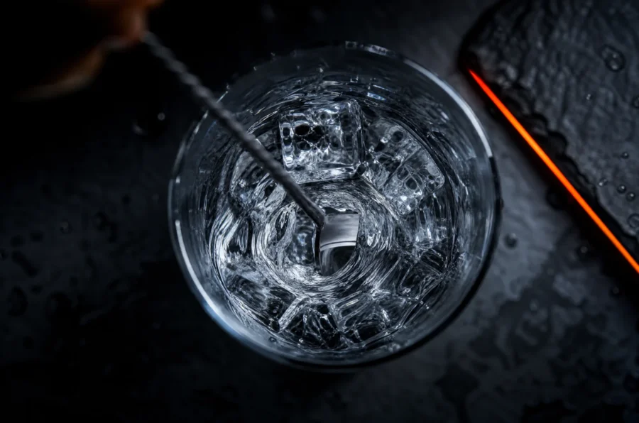 Bar spoon rotating inside a mixing glass full of ice